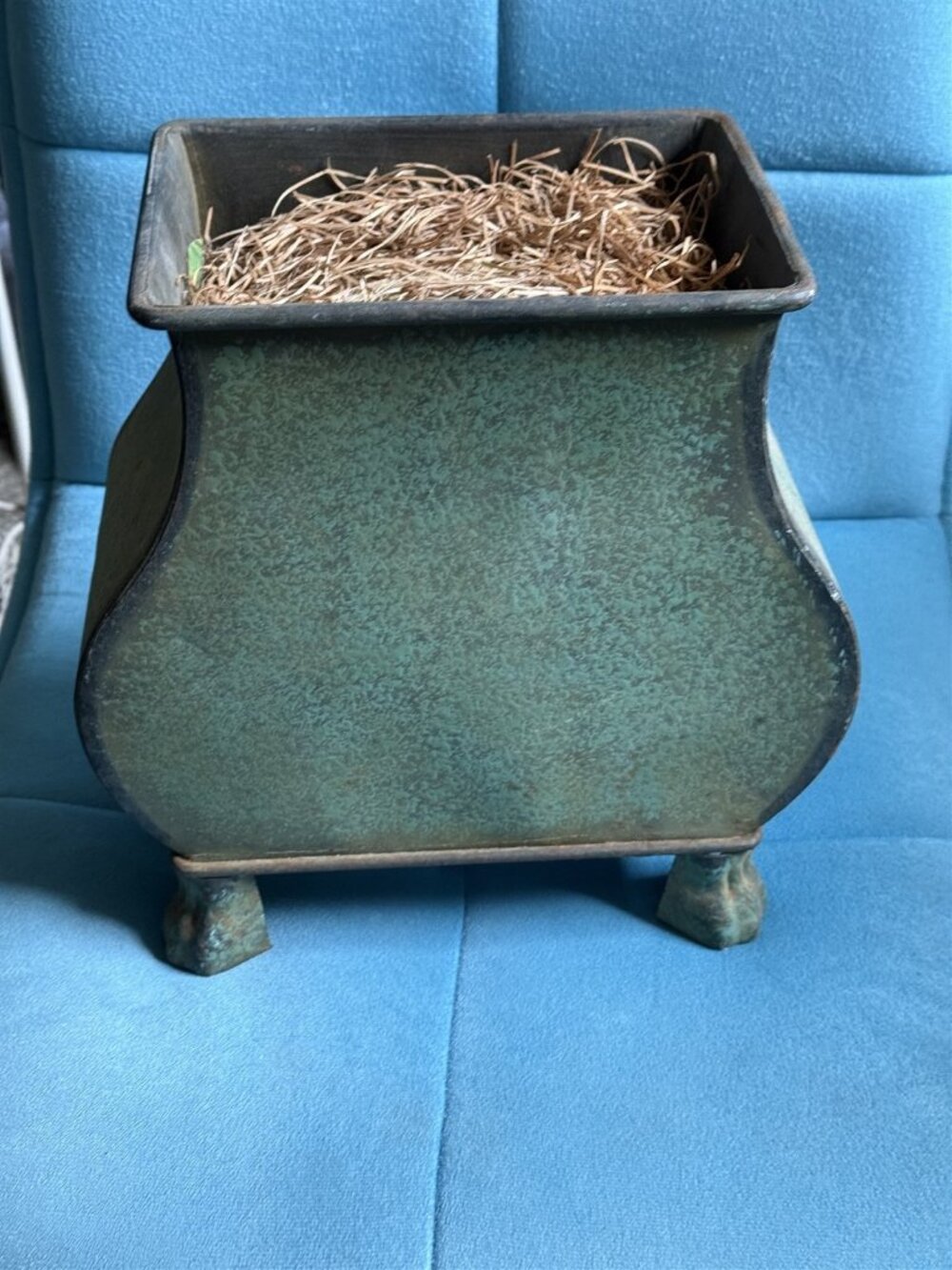 Verdigris Green Metal Cachepot Planter Pot Footed Swell Body Curved